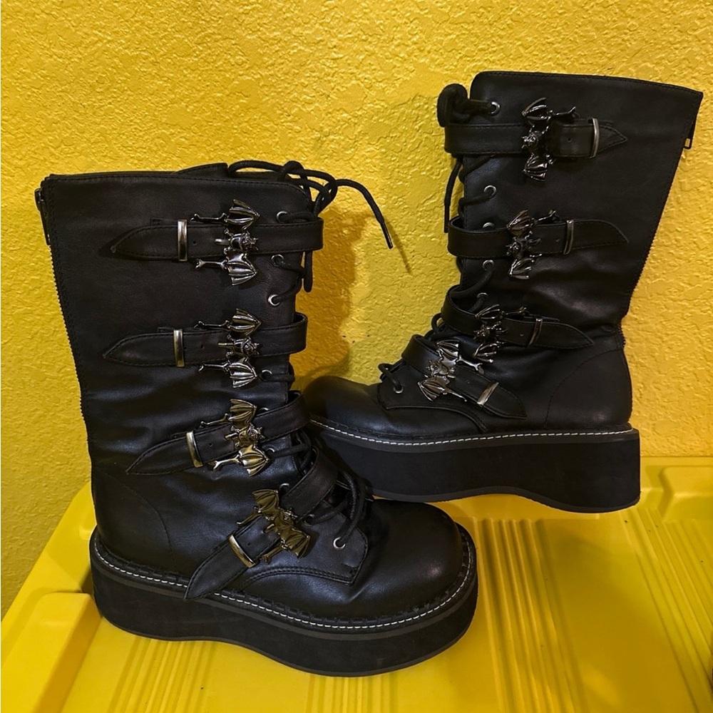Demonia Black Platform Bat Buckle Boots